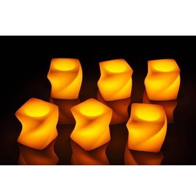 6er LED Echtwachs-Kerzen-Set weiß eckig-gedreht gelbe LED HI 55046