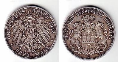 3 Mark Silber Münze Hansestadt Hamburg 1913