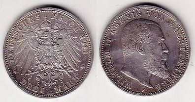 3 Mark Silber Münze Württemberg König Wilhelm II 1911 F