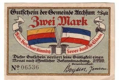 2 Mark Banknote Notgeld Gemeinde Archsum auf Sylt 1921