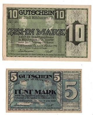2 x Banknoten Großnotgeld Stadt Mühlhausen 1918