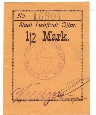 1/2 Mark Banknote Notgeld Stadt Liebstadt (Wilczkowo) Ostpreussen um 1918