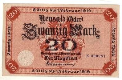 20 Mark Banknote Großnotgeld Stadt Neusalz (Oder) 1. November 1918