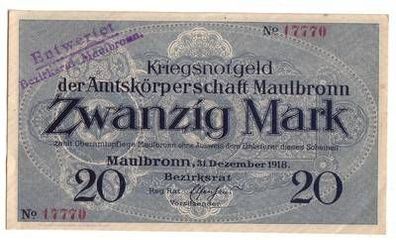 20 Mark Banknote Großnotgeld Amtskörperschaft Maulbronn 31.12.1918