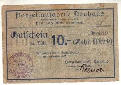 10 Mark Banknote Großnotgeld Porzellanfabrik Neuhaus (Kreis Sonneberg) 1918