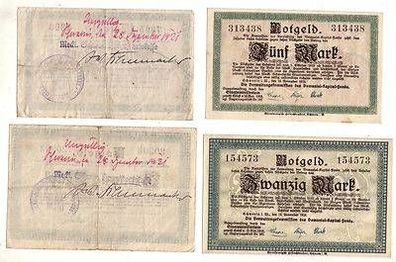 2 x Banknoten Mecklenburg-Schwerin Domanial-Kapital-Fonds 5 und 20 Mark 1918