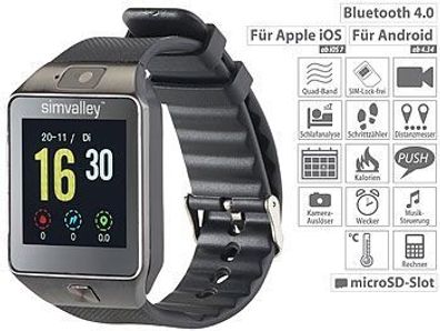 simvalley mobile Handy-Uhr & Smartwatch mit Kamera, Bluetooth 4.0 iOS & Android