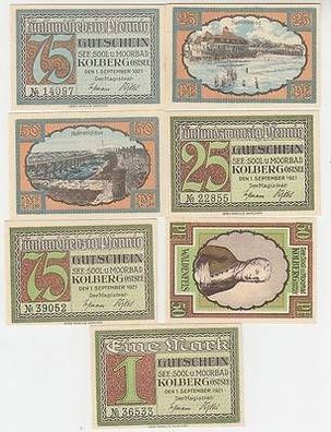 7 x Banknoten Notgeld Sool- und Moorbad Kolberg Ostsee 1921