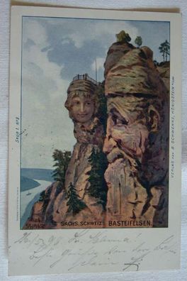 AK , Dresden , Sächsische Schweiz , Basteifelsen mit Gesicht , gelaufen 1898