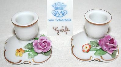 Schierholz Gräfe 2 kleine Porzellan Kerzenständer mit Rosen Dekor und Goldrand