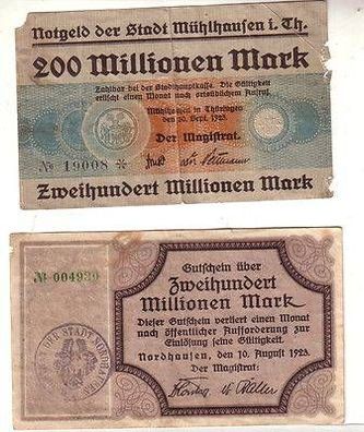 2 Banknoten Notgeld Inflation Mühlhausen und Nordhausen 1923