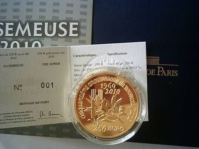 Original 250 euro 2010 PP Frankreich Säerin Semeuse 2 Unzen Gold - Zertifikat Nr. 1
