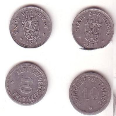 2 x 10 Pfennig Zink Not Münze Stadt Darmstadt 1917
