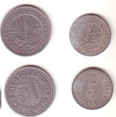 5 und 50 Pfennig Zink Not Münzen Kreisverwaltung Mettmann 1917