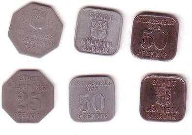 3 x 25 und 50 Pfennig Zink und Eisen Not Münzen Stadt Mühlheim Ruhr 1917-1918
