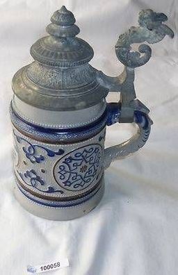 schöner blauer Keramik Bierkrug mit Zinndeckel um 1910