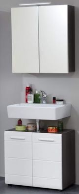 Bad Möbel Set weiß Hochglanz grau Waschbeckenunterschrank Spiegelschrank 60 cm Line