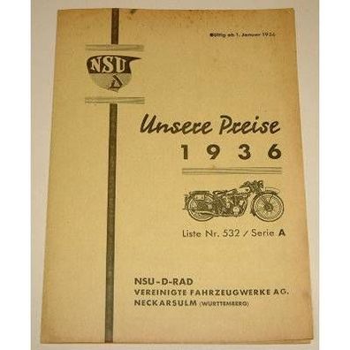 Original-Preisliste NSU "Unsere Preise 1936"