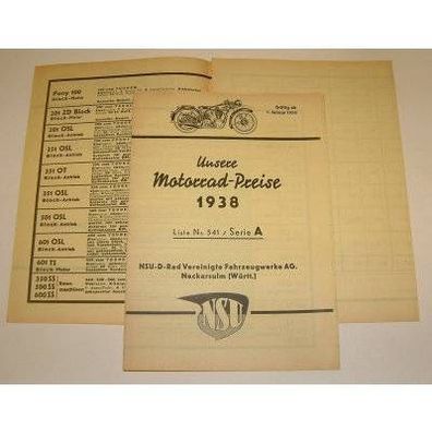 Original-Preisliste NSU "Unsere Motorrad-Preise 1938"