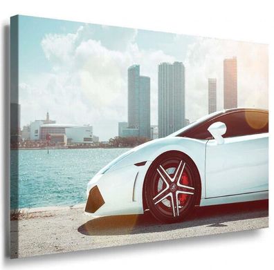 Weißer Sportwagen Miami Leinwandbild / AK Art Bilder / Leinwand Bild Mehrfarbig