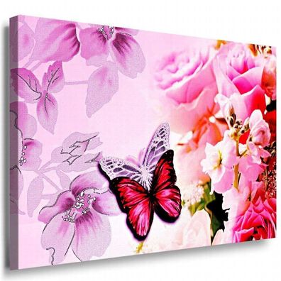 Schmetterling / Blumen Leinwandbild AK Art Bilder Schwarz-Weiß Wandbild TOP XXL
