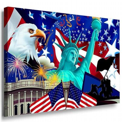 Fahne USA / Freiheitsstatue Adler Leinwandbild AK Art Bilder Mehrfarbig Wandbild