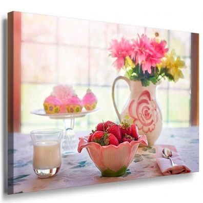 Morgen Frühstück Milch Blumen Leinwandbild AK Art Bilder Mehrfarbig Kunstdruck