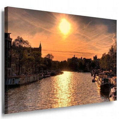 Stadt Fluss Sonne Leinwandbild AK Art Bilder Mehrfarbig Kunstdruck XXL Wandbild