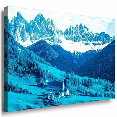Alpen Dorf Berge Blau Leinwandbild AK Art Bilder Mehrfarbig Kunstdruck XXL TOP