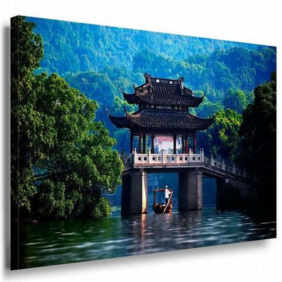 China Fluss Brücke Gebaude Leinwandbild AK Art Bilder Mehrfarbig Wandbild XXL