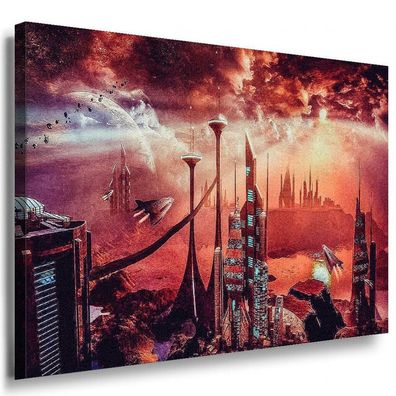 Space Raumschiffe Rot Planet Leinwandbild AK Art Bilder Mehrfarbig Kunstdruck