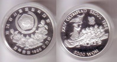 5000 Won Silber Münze Südkorea 1986 Olympiade Seoul 1988