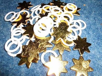 kleine goldene Sterne und weiße Ringe aus Kunststoff--Bastelzubehör