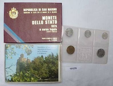 Etui mit Original Kursmünzsatz San Marino 1975, 5 Münzen 1 Lira bis 20 Lire