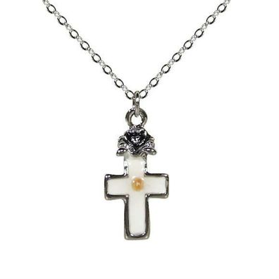 Halskette Kette Kreuz versilbert Senfkorn Emaille Weiß 45cm Kommunion Firmung Glaube