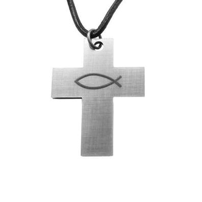 Kette Halskette Kreuz Edelstahl Anhänger Ätzung Fisch Ichthys Lederband Jesus