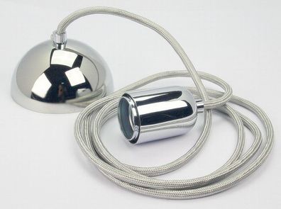 Textilkabel silber Leuchtenpendel mit E27 Metall-Fassung chrom Baldachin