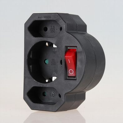 Steckdosen-Adapter schwarz mit Schalter 16A/250V 2 x Eurosteckdose 1 x Schutzkonta...
