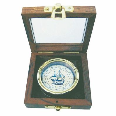 Kompass, Scheibenkompass mit Schiffs- Motiv, Magnetkompass in der Edelholz Box