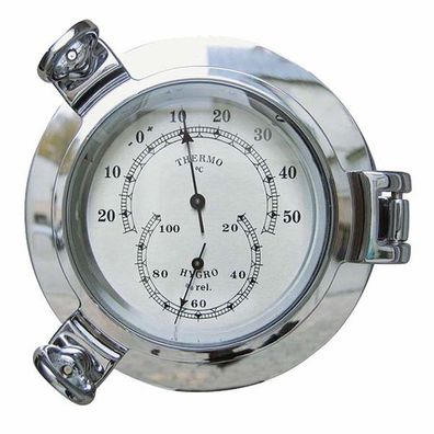 Bullaugen Comfortmeter, vernickeltes Marine Hygro-/ Thermometer Ø 14 cm