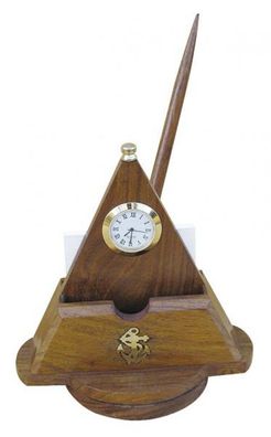Schreibtisch Organizer mit Uhr, drehbar aus edlem Holz und Messing