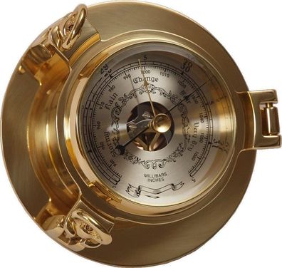 Barometer im Bullauge, Dosenbarometer, Marine Instrument Messing poliert Ø 14 cm