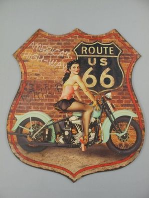 Blechschild, Reklameschild US Route 66 Pin Up Girl, Motorrad Wandschild 80x68 cm