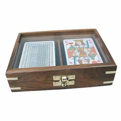 Spielkartenbox im Maritim Stil mit Glasdeckel und zwei Kartenspiele, Edelholz