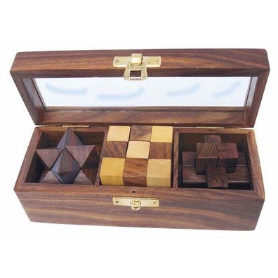 Drei Knobel Spiele in hochwertiger Glasdeckelbox aus Sheesham Holz
