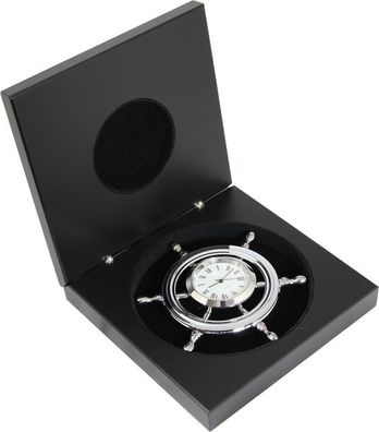 Maritime verchromte Uhr im Steuerrad in Edel- Holzbox, Elektrowerk, 9 cm.