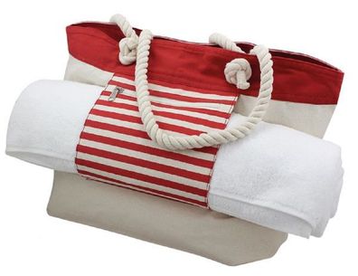 Strand-Tasche mit Badetuchhalter, maritime Strandtasche in Baige und Rot