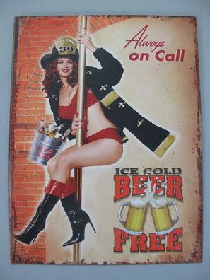 Blechschild, Reklameschild Always on Call Beer Pin Up Girl Wandschild 33x25 cm