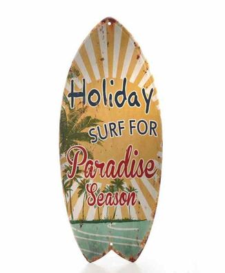 Blechschild, Reklameschild wie Surfbrett, Holiday Paradise Beach 40x17 cm