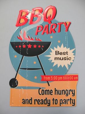 Blechschild, Reklameschild BBQ Party mit Grill, Gastro Wandschild 70x45 cm